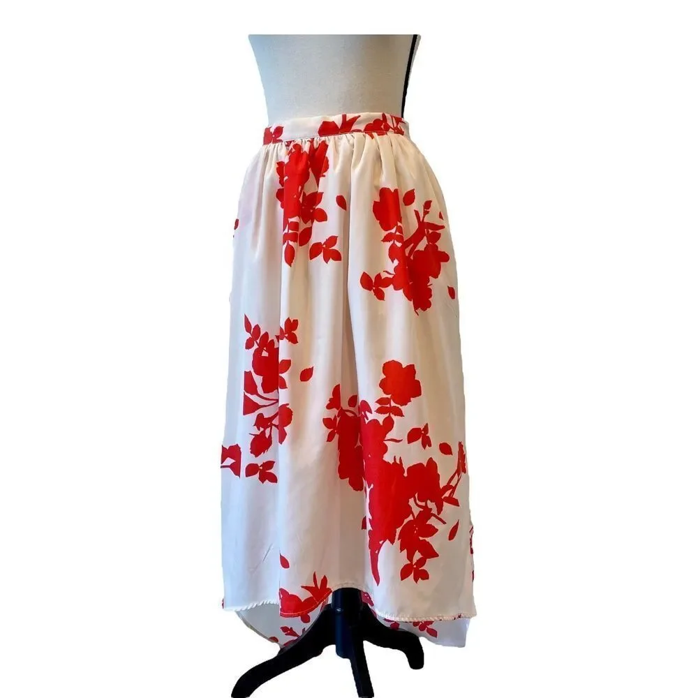 Rules of Etiquette Red White Floral High Low Maxi Skirt Elastic Waist Zipper S